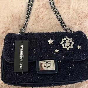 Karl Lagerfeld Shoulder Bag Agyness in Navy fabric & Sequins Silver Hrdw